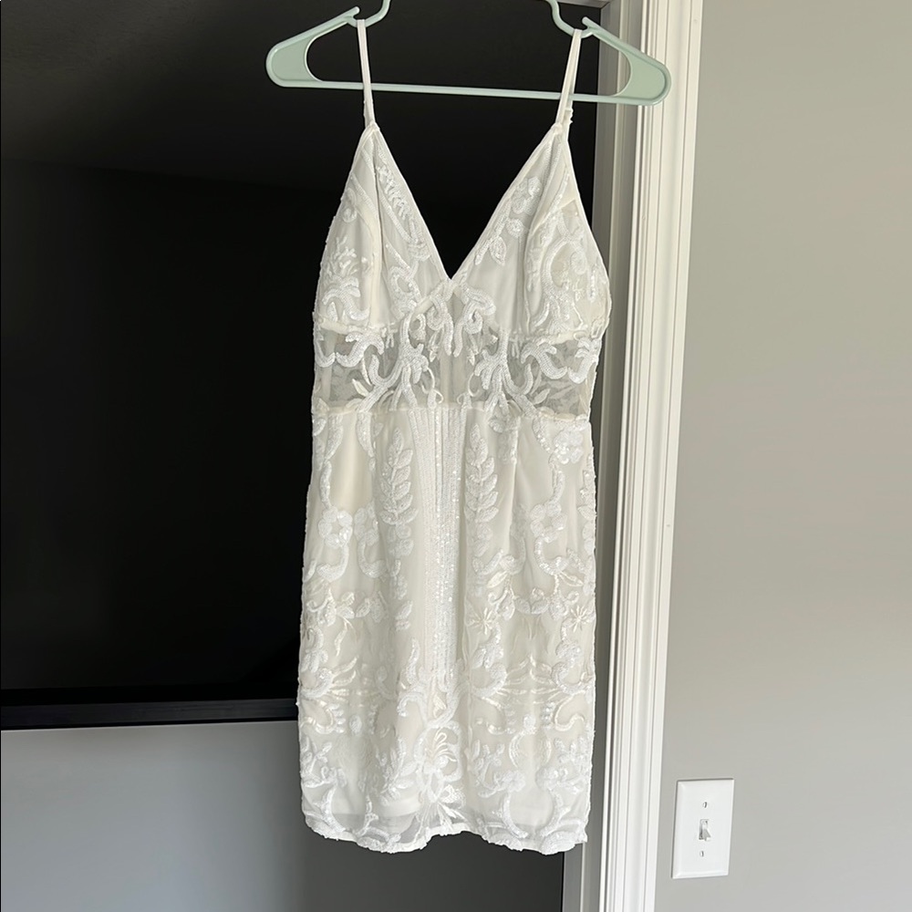 Lulu's White Sequin Dress with Mesh Detailing